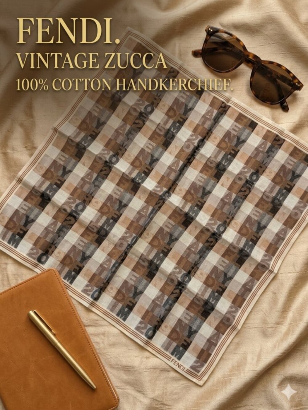 Fendi, Vintage Zucca Monogram Cotton Handkerchief Square Scarf 18"x18"